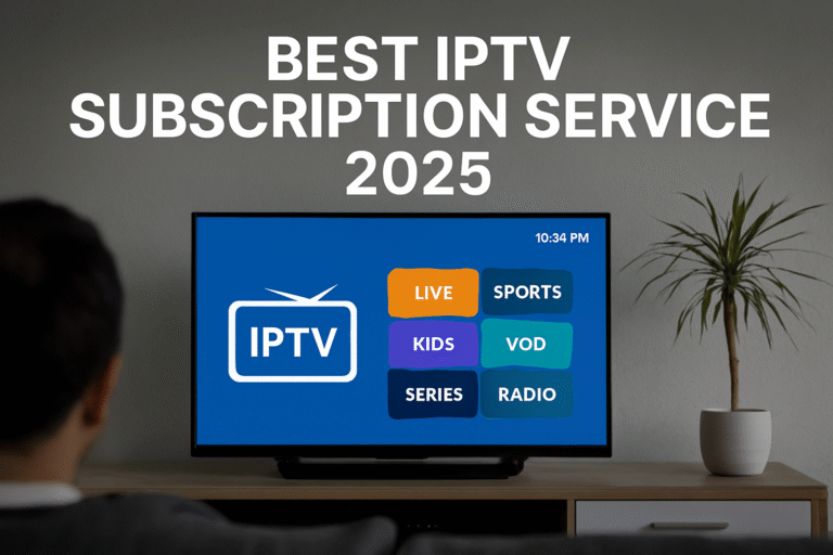 Modern living room with a person watching a Smart TV displaying an IPTV interface featuring live TV, sports, VOD, and kids content; promotional text reads “Best IPTV Subscription Service 2025.