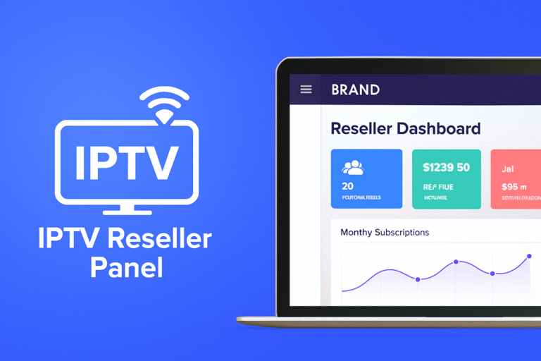 Promotional graphic for IPTV Reseller Panel featuring a blue gradient background, IPTV logo with Wi-Fi symbol, and a tablet displaying a reseller dashboard with user count, revenue, and subscription metrics.